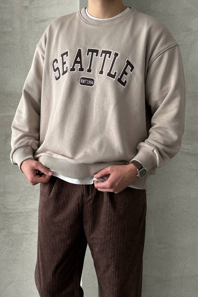 Erkek Seattle Baskılı Oversize Sweatshirt Bej - 2