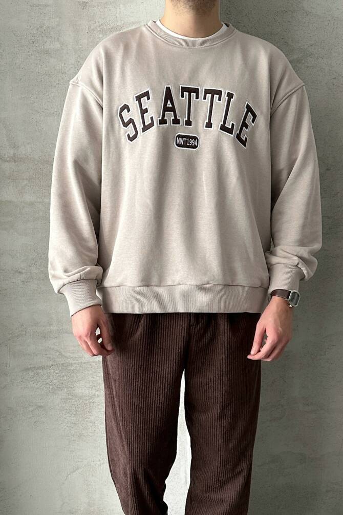 Erkek Seattle Baskılı Oversize Sweatshirt Bej - 3
