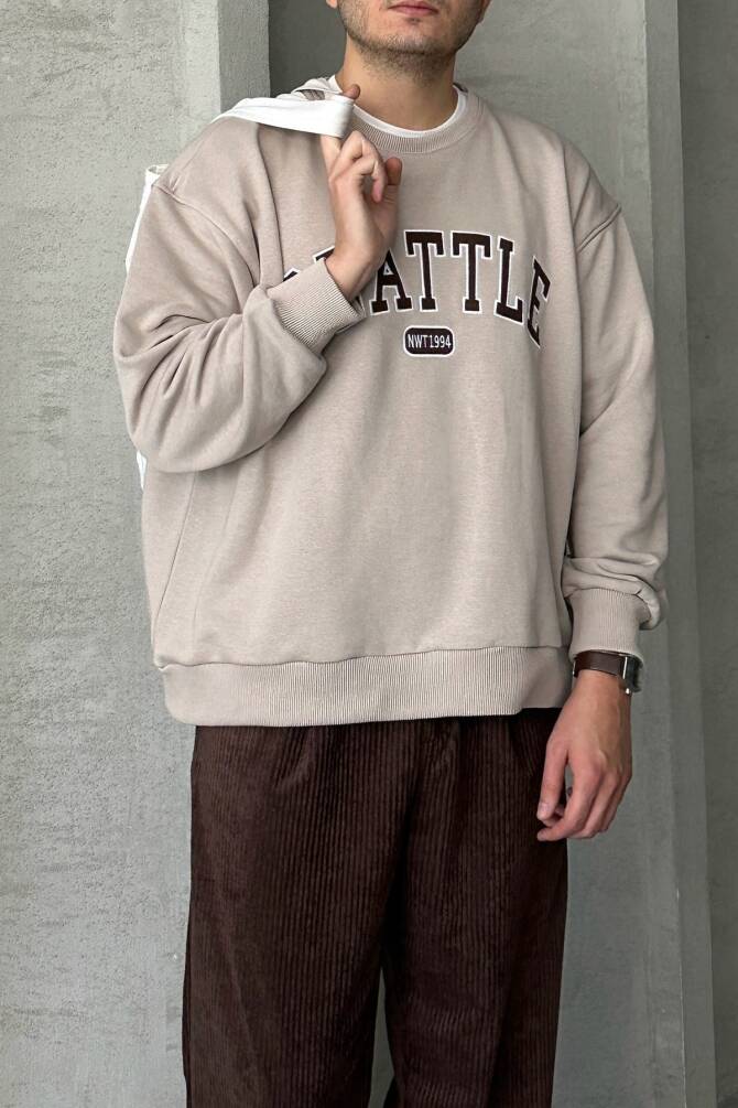 Erkek Seattle Baskılı Oversize Sweatshirt Bej - 4