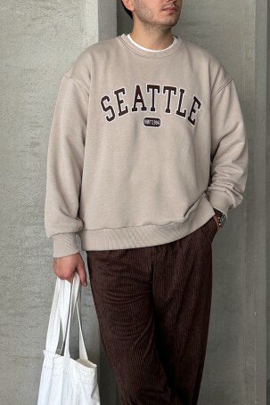 Erkek Seattle Baskılı Oversize Sweatshirt Bej - 5