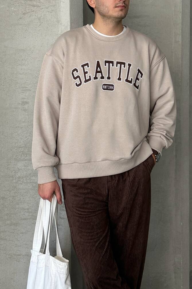Erkek Seattle Baskılı Oversize Sweatshirt Bej - 5