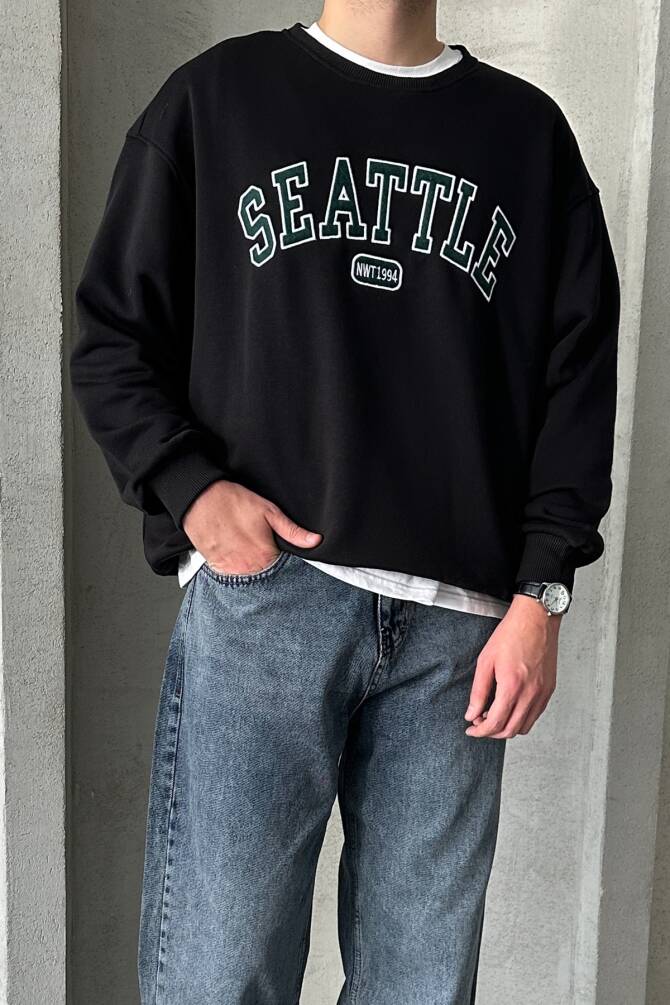 Erkek Seattle Baskılı Oversize Sweatshirt COKRENKLI - 2