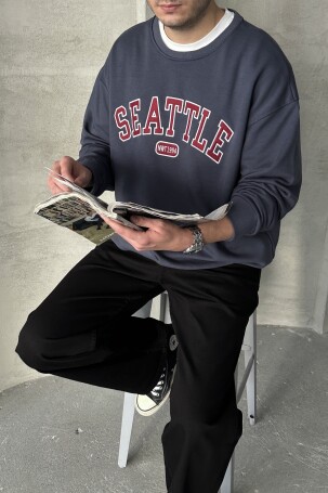 Erkek Seattle Baskılı Oversize Sweatshirt FÜME 