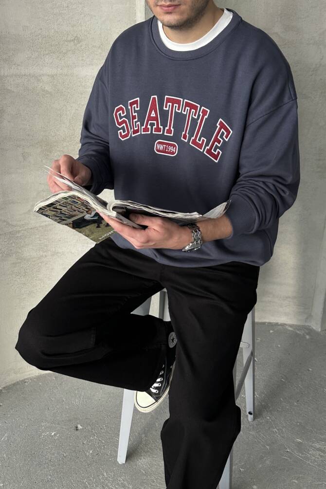 Erkek Seattle Baskılı Oversize Sweatshirt FÜME - 1