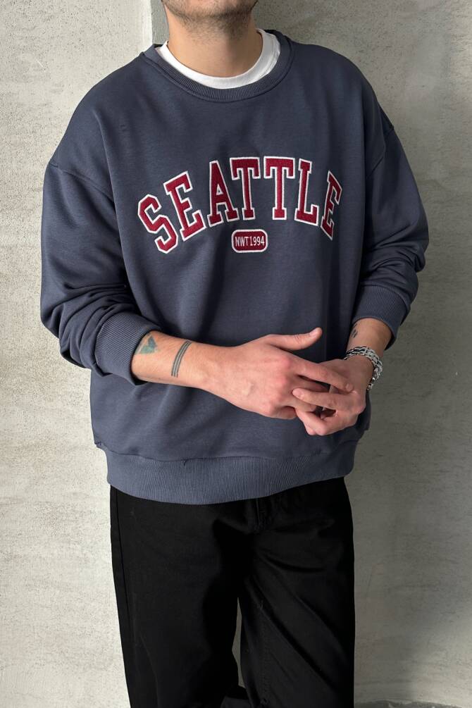Erkek Seattle Baskılı Oversize Sweatshirt FÜME - 2