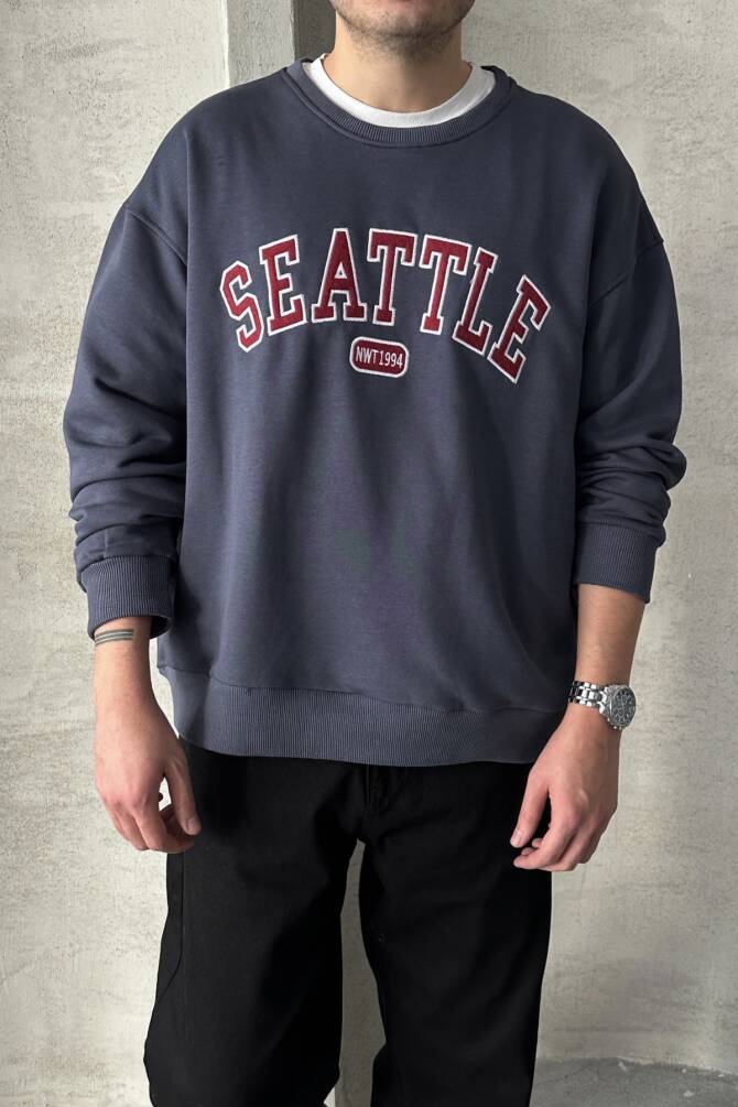 Erkek Seattle Baskılı Oversize Sweatshirt FÜME - 3