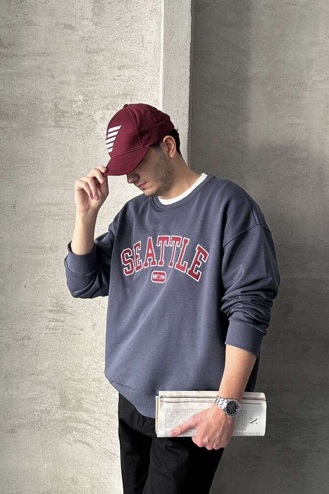 Erkek Seattle Baskılı Oversize Sweatshirt FÜME - 4