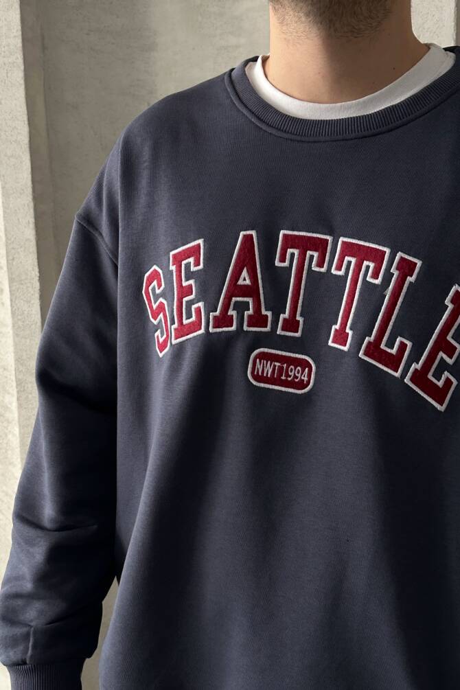 Erkek Seattle Baskılı Oversize Sweatshirt FÜME - 5