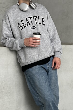 Erkek Seattle Baskılı Oversize Sweatshirt Gri 