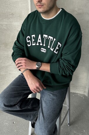 Erkek Seattle Baskılı Oversize Sweatshirt Yeşil 