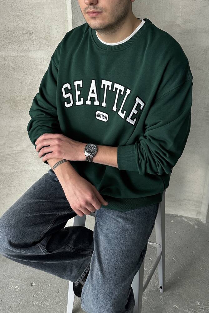 Erkek Seattle Baskılı Oversize Sweatshirt Yeşil - 1