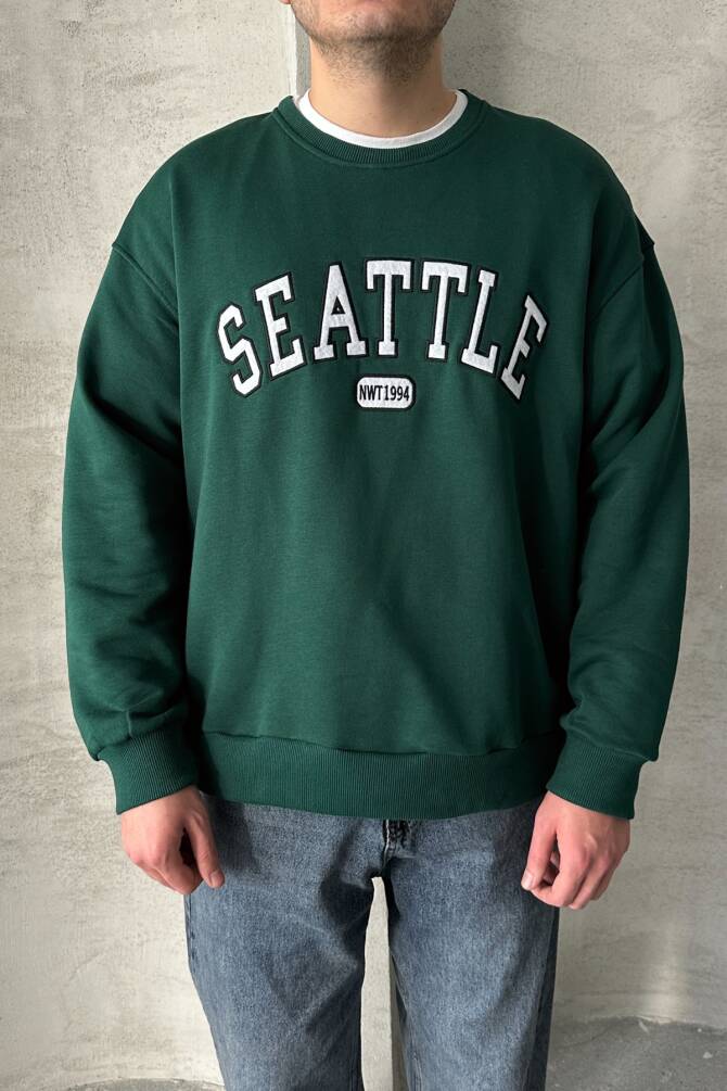 Erkek Seattle Baskılı Oversize Sweatshirt Yeşil - 2