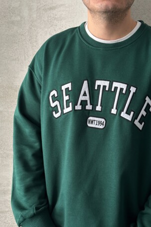 Erkek Seattle Baskılı Oversize Sweatshirt Yeşil - 3