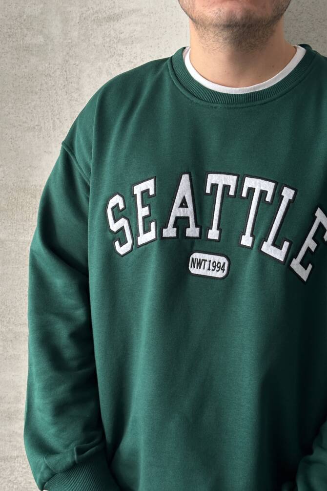 Erkek Seattle Baskılı Oversize Sweatshirt Yeşil - 3