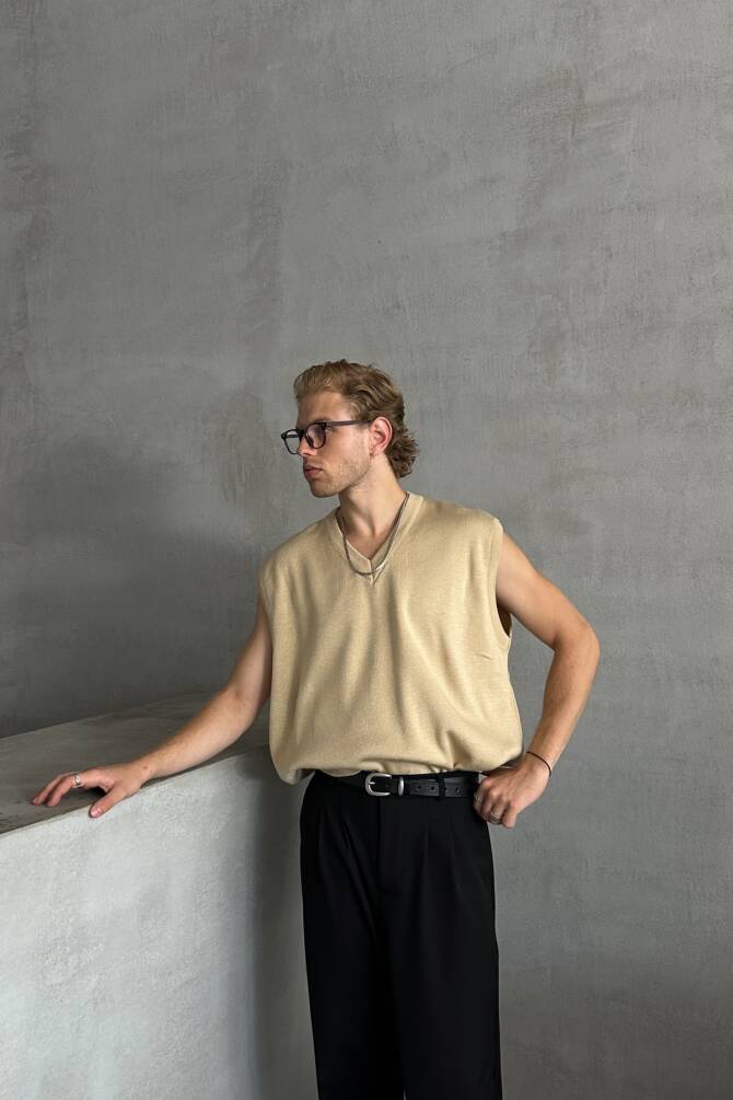 Erkek V Yaka Oversize Süveter Bej - 2