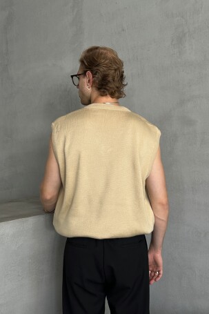 Erkek V Yaka Oversize Süveter Bej - 3