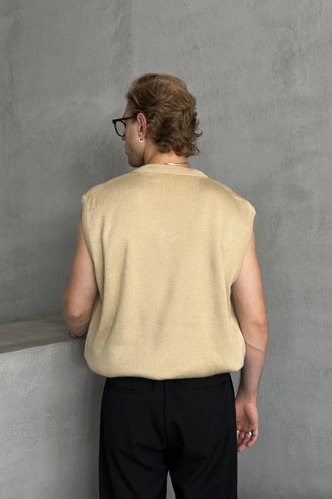 Erkek V Yaka Oversize Süveter Bej - 3