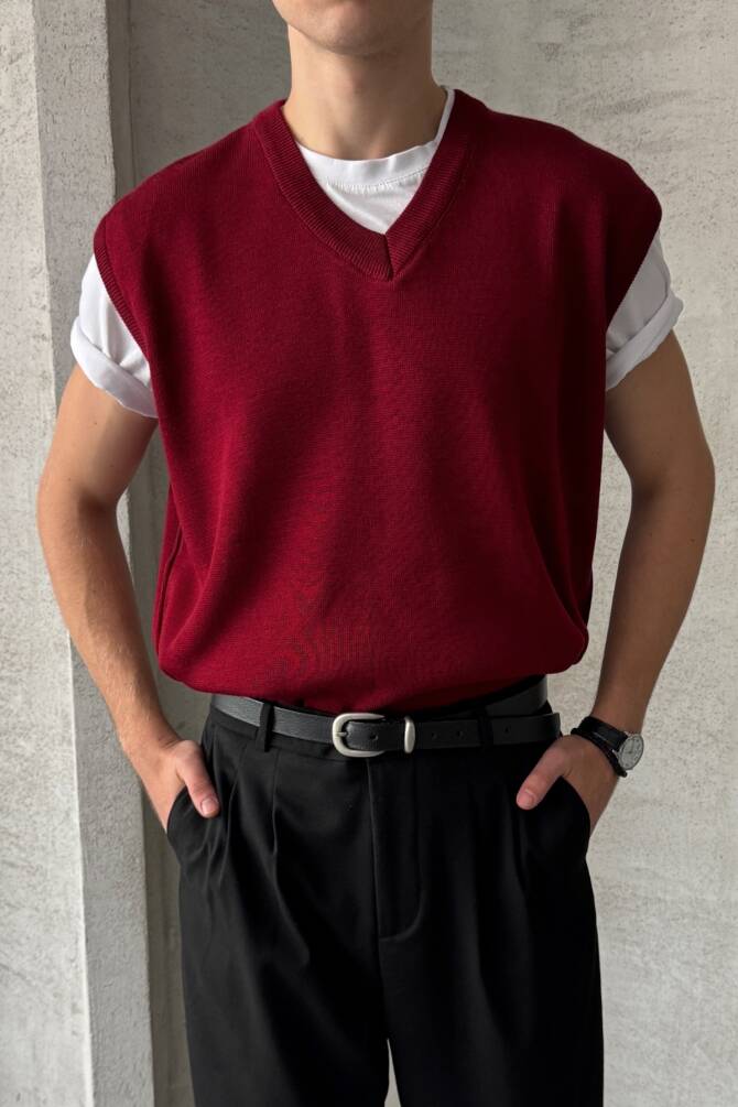 Erkek V Yaka Oversize Süveter Bordo - 1