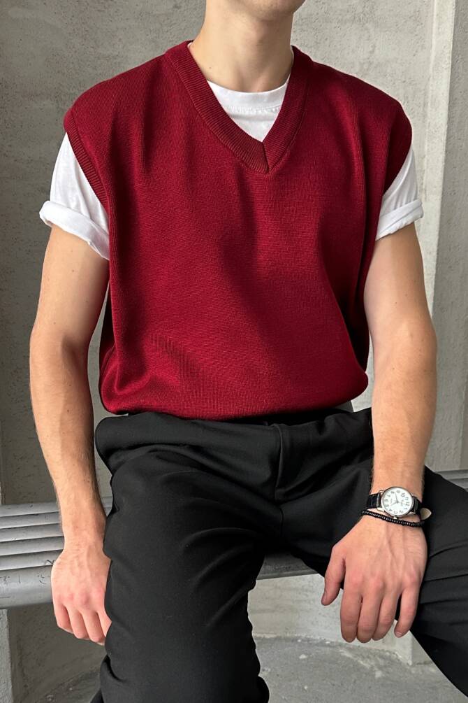 Erkek V Yaka Oversize Süveter Bordo - 2