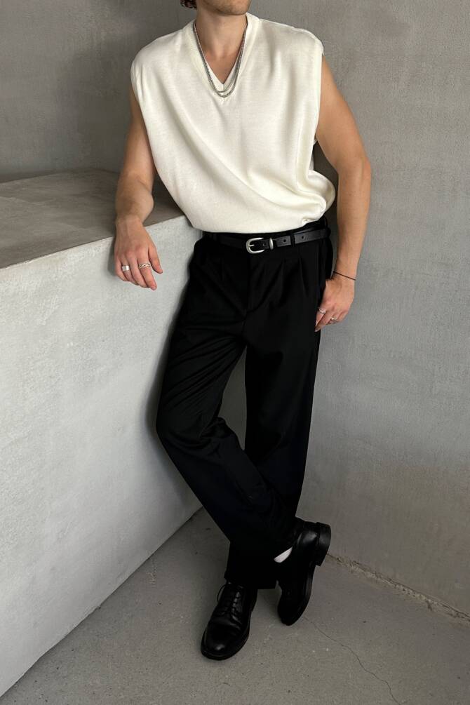 Erkek V Yaka Oversize Süveter Ekru - 2