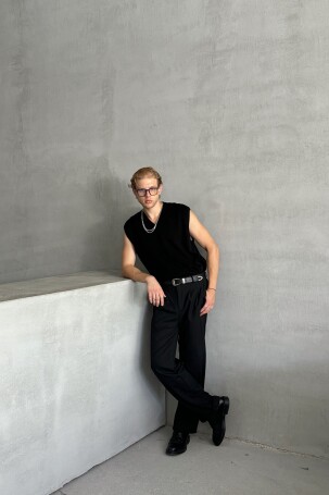 Erkek V Yaka Oversize Süveter Siyah - 3